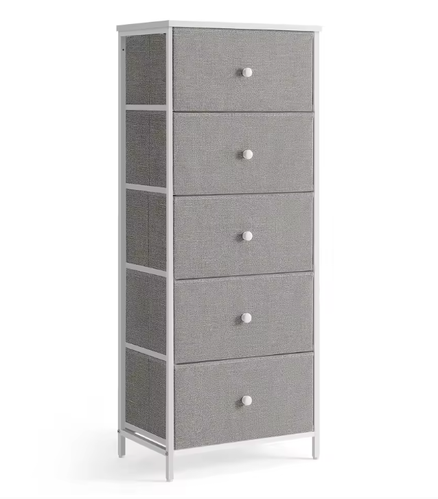 Commode met 5 Stoffen Lades – Slank Opbergkastje met Metalen Frame en amp; Houten Bovenblad