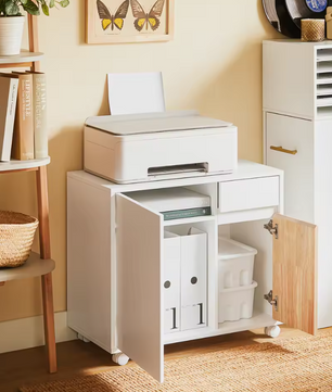 Mobiele Printertafel met Lade en Kast – Opbergmeubel op Wielen voor Kantoor en amp; Thuis