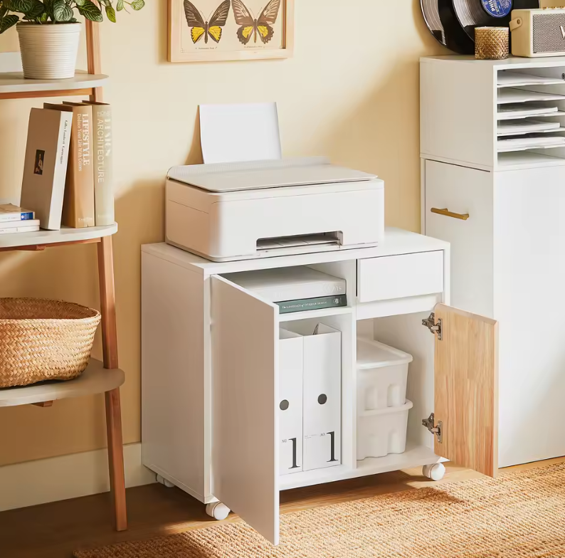 Mobiele Printertafel met Lade en Kast – Opbergmeubel op Wielen voor Kantoor en amp; Thuis