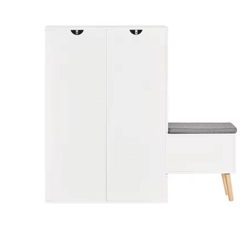 Schoenenbank met 2 Kleppen, 2 Deuren en 2 Lades – Witte Schoenenkast met Zitbank en Wandplank voor Hal en Entree
