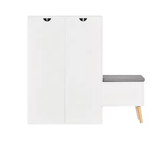 Schoenenbank met 2 Kleppen, 2 Deuren en 2 Lades – Witte Schoenenkast met Zitbank en Wandplank voor Hal en Entree