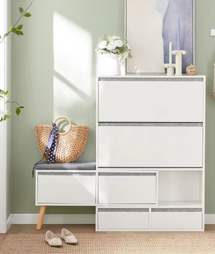 Schoenenbank met 2 Kleppen, 2 Deuren en 2 Lades – Witte Schoenenkast met Zitbank en Wandplank voor Hal en Entree