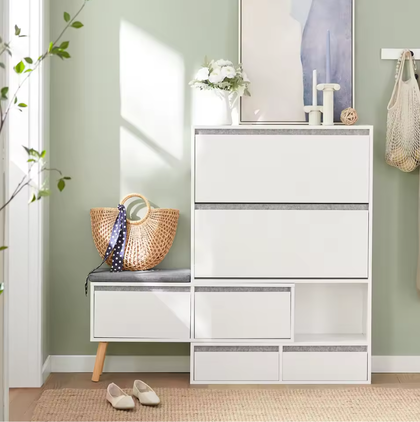 Schoenenbank met 2 Kleppen, 2 Deuren en 2 Lades – Witte Schoenenkast met Zitbank en Wandplank voor Hal en Entree