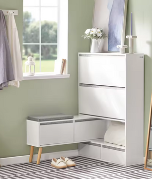 Schoenenbank met 2 Kleppen, 2 Deuren en 2 Lades – Witte Schoenenkast met Zitbank en Wandplank voor Hal en Entree