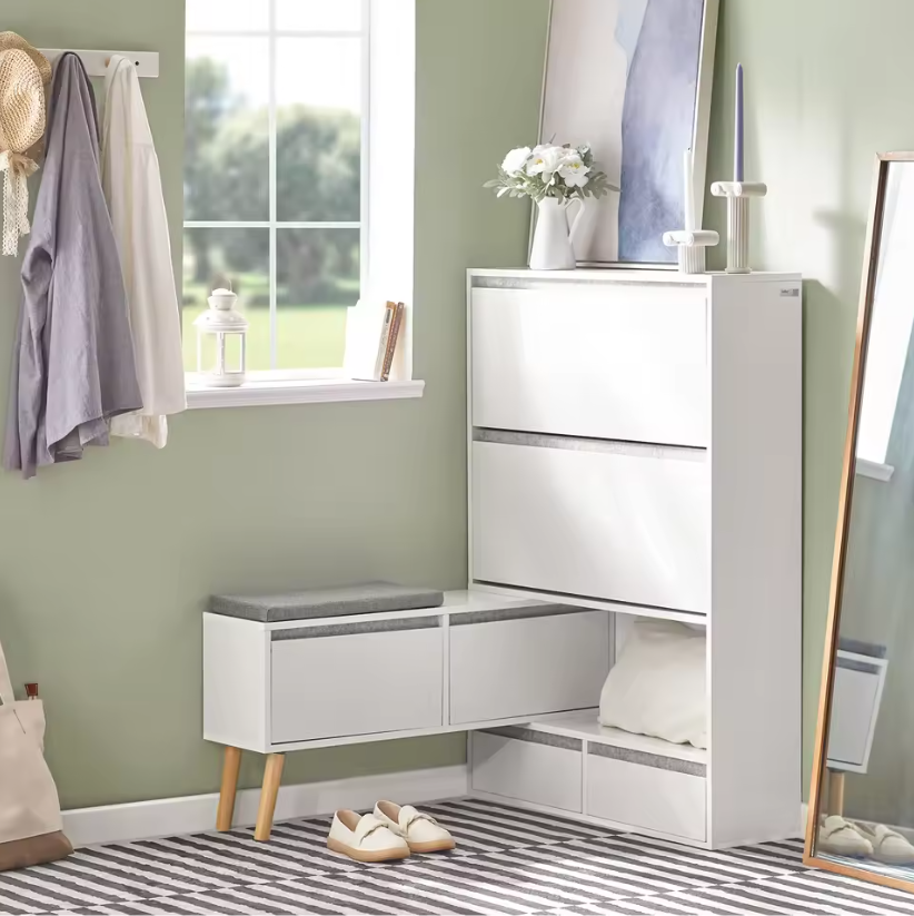 Schoenenbank met 2 Kleppen, 2 Deuren en 2 Lades – Witte Schoenenkast met Zitbank en Wandplank voor Hal en Entree