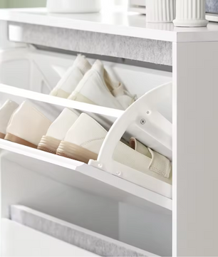 Schoenenbank met 2 Kleppen, 2 Deuren en 2 Lades – Witte Schoenenkast met Zitbank en Wandplank voor Hal en Entree