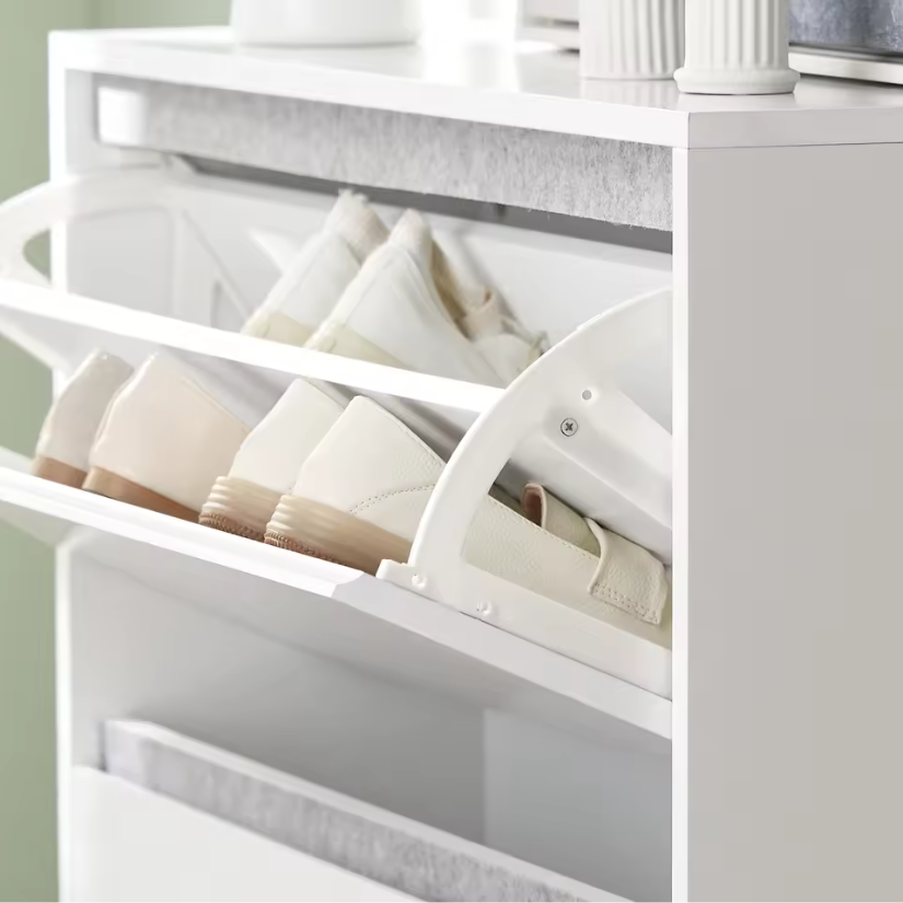 Schoenenbank met 2 Kleppen, 2 Deuren en 2 Lades – Witte Schoenenkast met Zitbank en Wandplank voor Hal en Entree