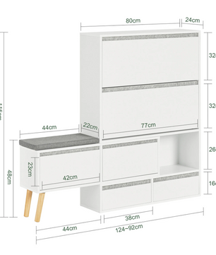 Schoenenbank met 2 Kleppen, 2 Deuren en 2 Lades – Witte Schoenenkast met Zitbank en Wandplank voor Hal en Entree