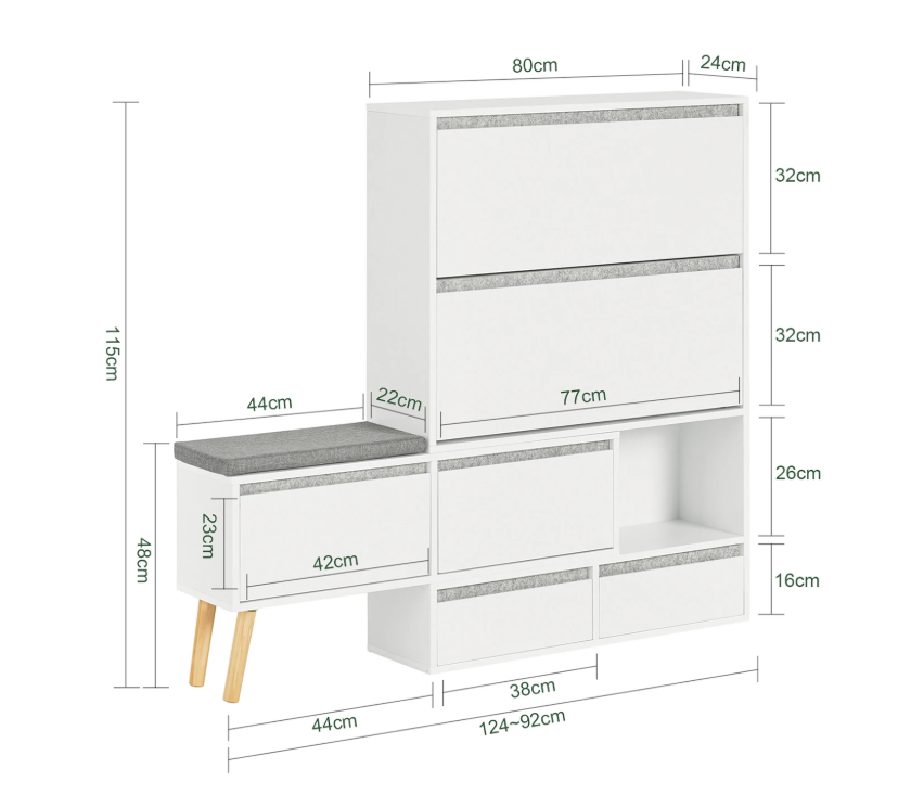 Schoenenbank met 2 Kleppen, 2 Deuren en 2 Lades – Witte Schoenenkast met Zitbank en Wandplank voor Hal en Entree
