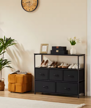 Dressoir met 5 Stoffen Laden – Schoenenkast, Opbergmeubel en amp; TV-Meubel met Houten Bovenblad voor Hal, Woonkamer en Slaapkamer