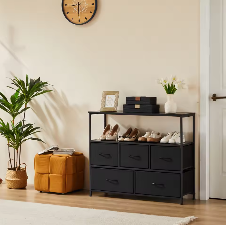 Dressoir met 5 Stoffen Laden – Schoenenkast, Opbergmeubel en amp; TV-Meubel met Houten Bovenblad voor Hal, Woonkamer en Slaapkamer