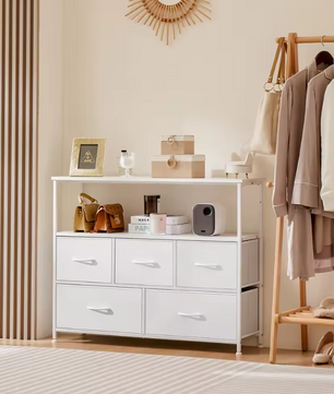 Dressoir met 5 Stoffen Laden – Schoenenkast, Opbergmeubel en amp; TV-Meubel met Houten Bovenblad voor Hal, Woonkamer en Slaapkamer