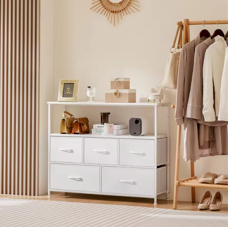 Dressoir met 5 Stoffen Laden – Schoenenkast, Opbergmeubel en amp; TV-Meubel met Houten Bovenblad voor Hal, Woonkamer en Slaapkamer