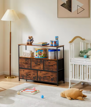 Dressoir met 5 Stoffen Laden – Schoenenkast, Opbergmeubel en amp; TV-Meubel met Houten Bovenblad voor Hal, Woonkamer en Slaapkamer