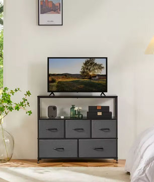 Dressoir met 5 Stoffen Laden – Schoenenkast, Opbergmeubel en amp; TV-Meubel met Houten Bovenblad voor Hal, Woonkamer en Slaapkamer