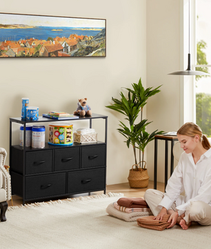 Dressoir met 5 Stoffen Laden – Schoenenkast, Opbergmeubel en amp; TV-Meubel met Houten Bovenblad voor Hal, Woonkamer en Slaapkamer