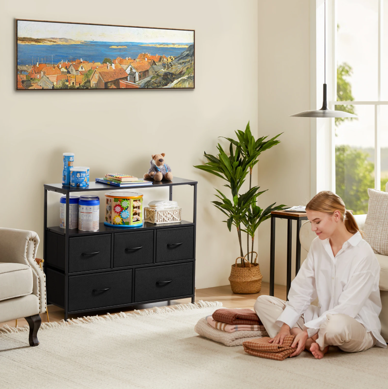 Dressoir met 5 Stoffen Laden – Schoenenkast, Opbergmeubel en amp; TV-Meubel met Houten Bovenblad voor Hal, Woonkamer en Slaapkamer