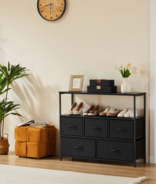 Dressoir met 5 Stoffen Laden – Schoenenkast, Opbergmeubel en amp; TV-Meubel met Houten Bovenblad voor Hal, Woonkamer en Slaapkamer