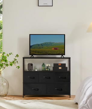 Dressoir met 5 Stoffen Laden – Schoenenkast, Opbergmeubel en amp; TV-Meubel met Houten Bovenblad voor Hal, Woonkamer en Slaapkamer