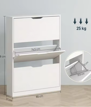 Smalle Schoenenkast met 3 Klapladen – 80×17×108 cm – Wit