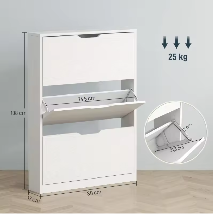 Smalle Schoenenkast met 3 Klapladen – 80×17×108 cm – Wit