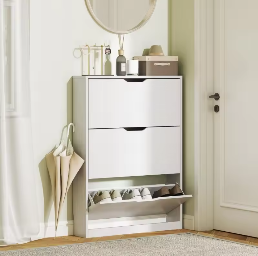 Smalle Schoenenkast met 3 Klapladen – 80×17×108 cm – Wit