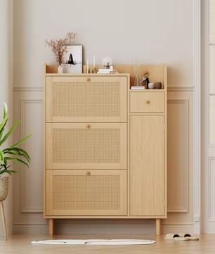 Houten Schoenenkast met Rotan Deuren en Lades