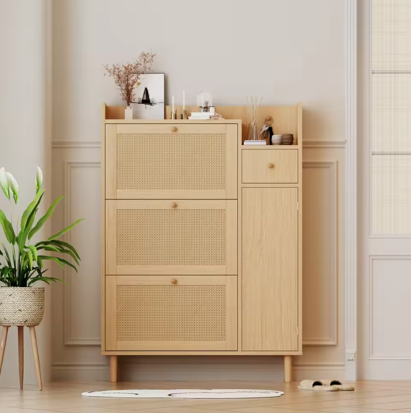 Houten Schoenenkast met Rotan Deuren en Lades