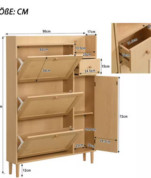 Houten Schoenenkast met Rotan Deuren en Lades
