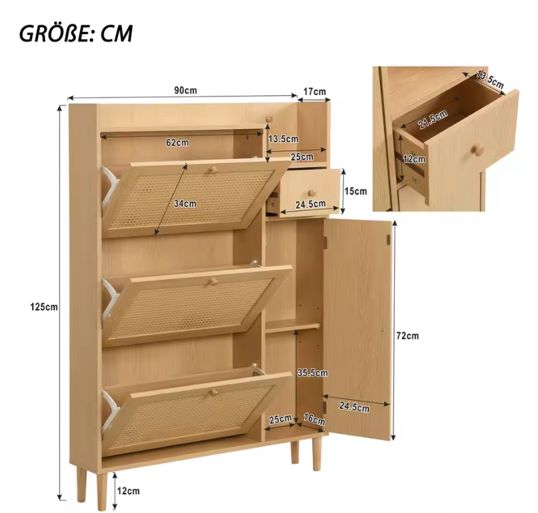 Houten Schoenenkast met Rotan Deuren en Lades