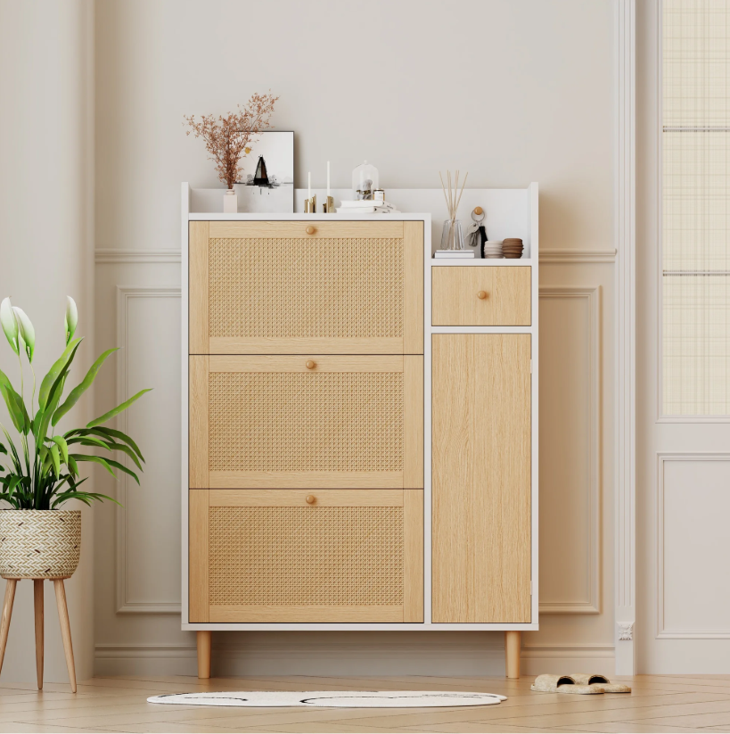 Houten Schoenenkast met Rotan Deuren en Lades