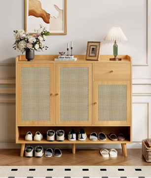 Schoenenkast van rotan met 3 deuren, 1 lade en 5 planken – Gangkast met massief houten poten