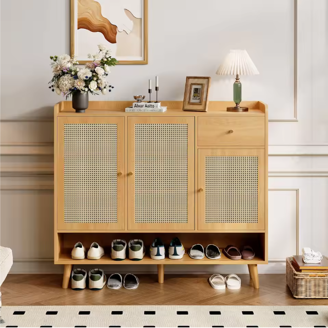 Schoenenkast van rotan met 3 deuren, 1 lade en 5 planken – Gangkast met massief houten poten