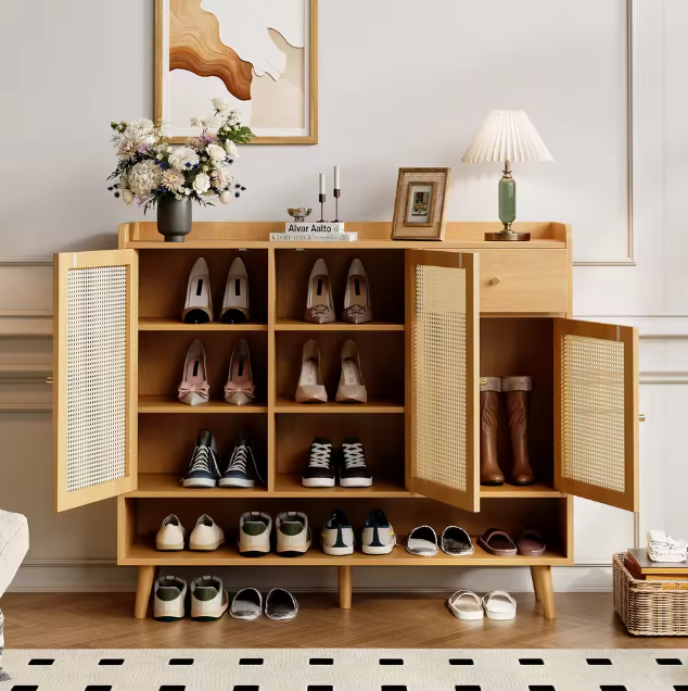 Schoenenkast van rotan met 3 deuren, 1 lade en 5 planken – Gangkast met massief houten poten