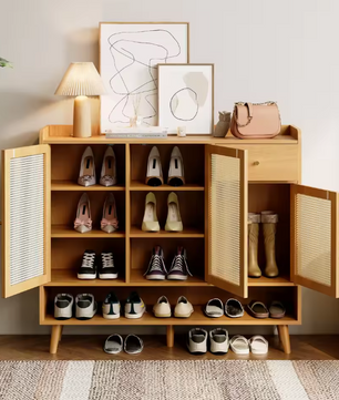 Schoenenkast van rotan met 3 deuren, 1 lade en 5 planken – Gangkast met massief houten poten