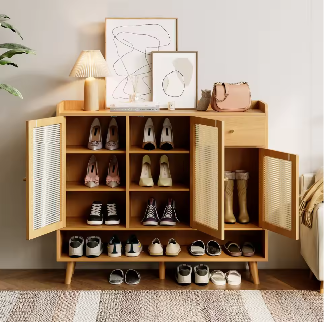 Schoenenkast van rotan met 3 deuren, 1 lade en 5 planken – Gangkast met massief houten poten