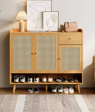 Schoenenkast van rotan met 3 deuren, 1 lade en 5 planken – Gangkast met massief houten poten