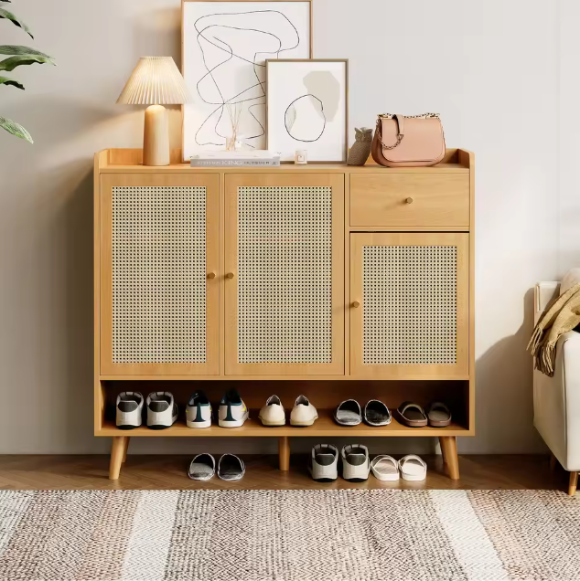 Schoenenkast van rotan met 3 deuren, 1 lade en 5 planken – Gangkast met massief houten poten