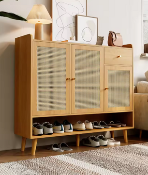 Schoenenkast van rotan met 3 deuren, 1 lade en 5 planken – Gangkast met massief houten poten