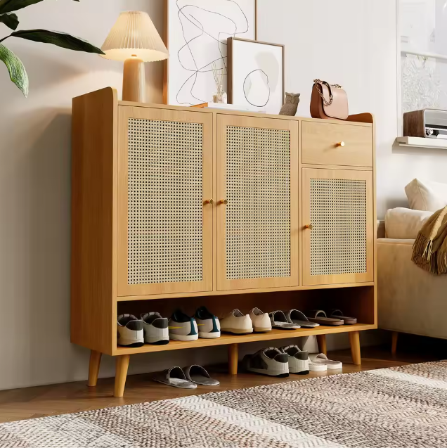 Schoenenkast van rotan met 3 deuren, 1 lade en 5 planken – Gangkast met massief houten poten