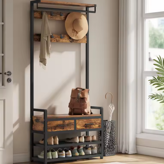 Kapstok met Schoenenbank en Opberglades – 6-in-1 Halmeubel