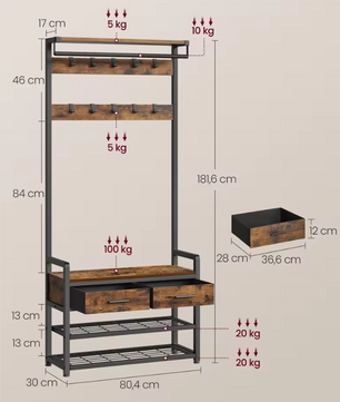 Kapstok met Schoenenbank en Opberglades – 6-in-1 Halmeubel