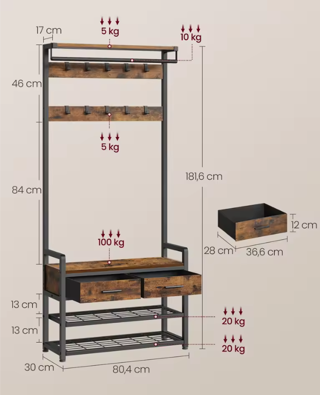 Kapstok met Schoenenbank en Opberglades – 6-in-1 Halmeubel