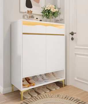 Moderne Schoenenkast met LED Verlichting – Met Lades en Planken, Wit, 80x35x105 cm
