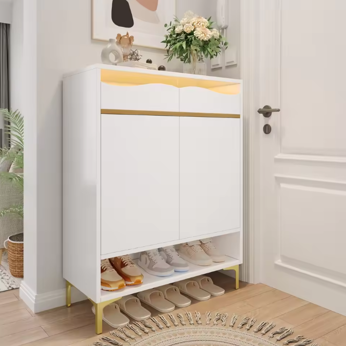 Moderne Schoenenkast met LED Verlichting – Met Lades en Planken, Wit, 80x35x105 cm