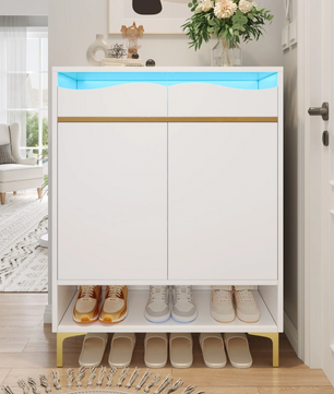 Moderne Schoenenkast met LED Verlichting – Met Lades en Planken, Wit, 80x35x105 cm