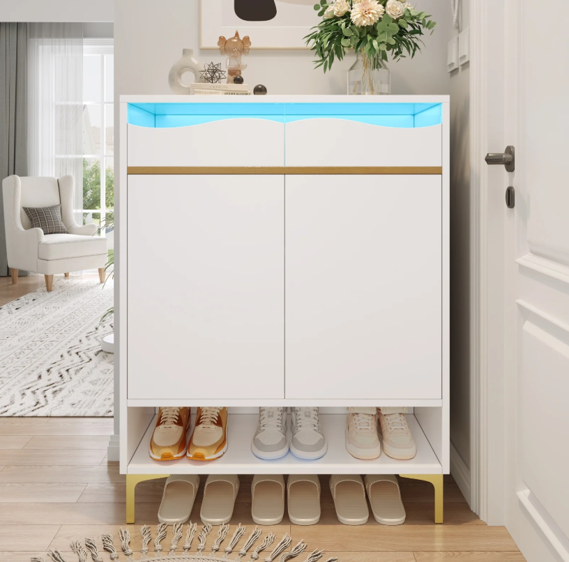 Moderne Schoenenkast met LED Verlichting – Met Lades en Planken, Wit, 80x35x105 cm