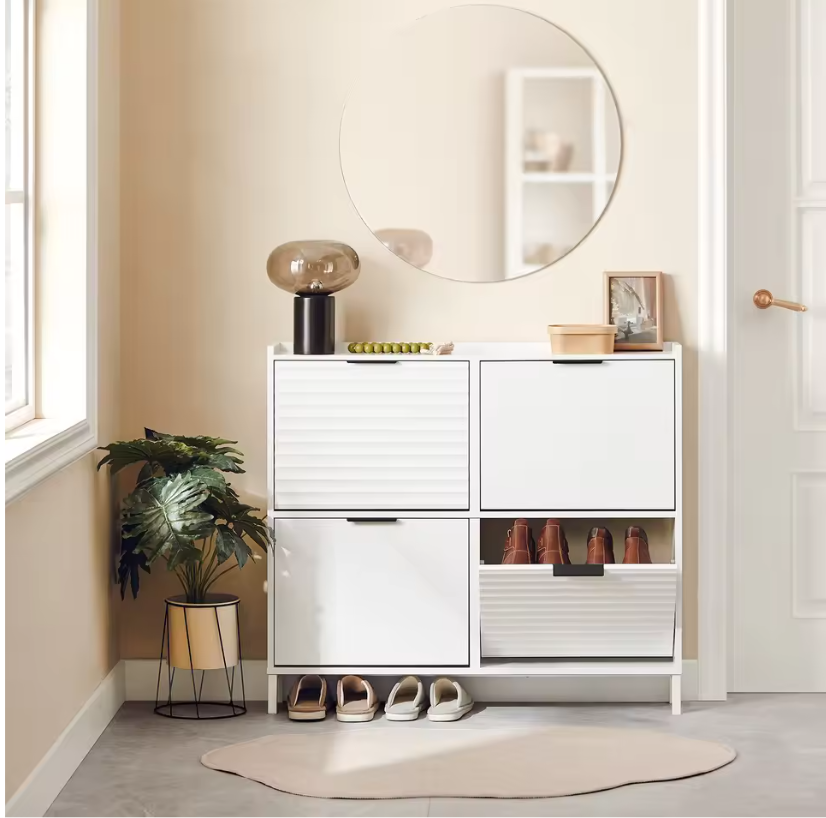 Smal Hoge Schoenenkast met 4 Klepvakken – Witte Schoenenopberger voor Gang