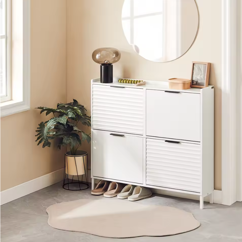 Smal Hoge Schoenenkast met 4 Klepvakken – Witte Schoenenopberger voor Gang