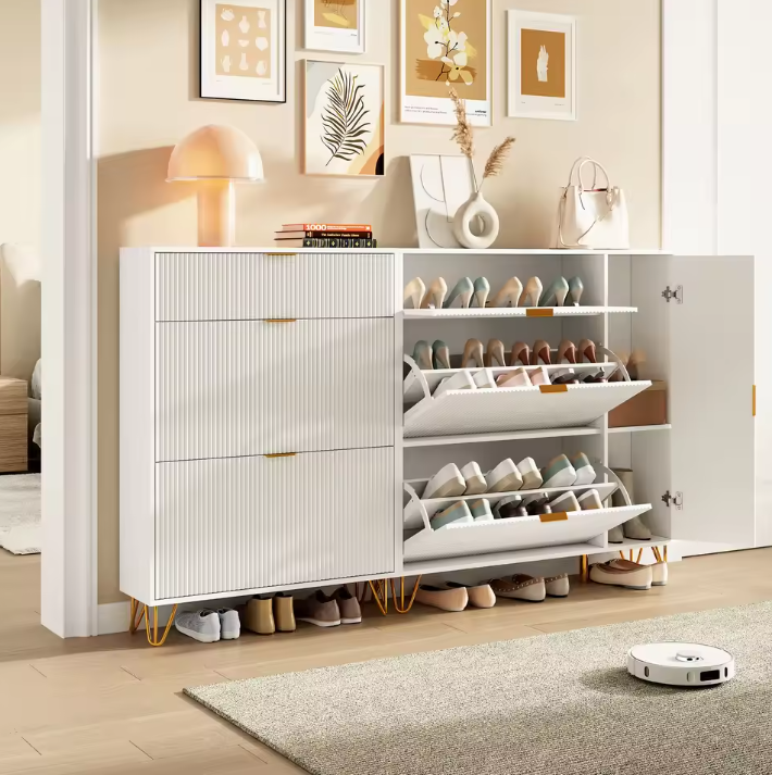 Schoenenkast met 3 Vouwdeuren en 2 Opbergvakken – Vrijstaand, Wit, Ruimtebesparend